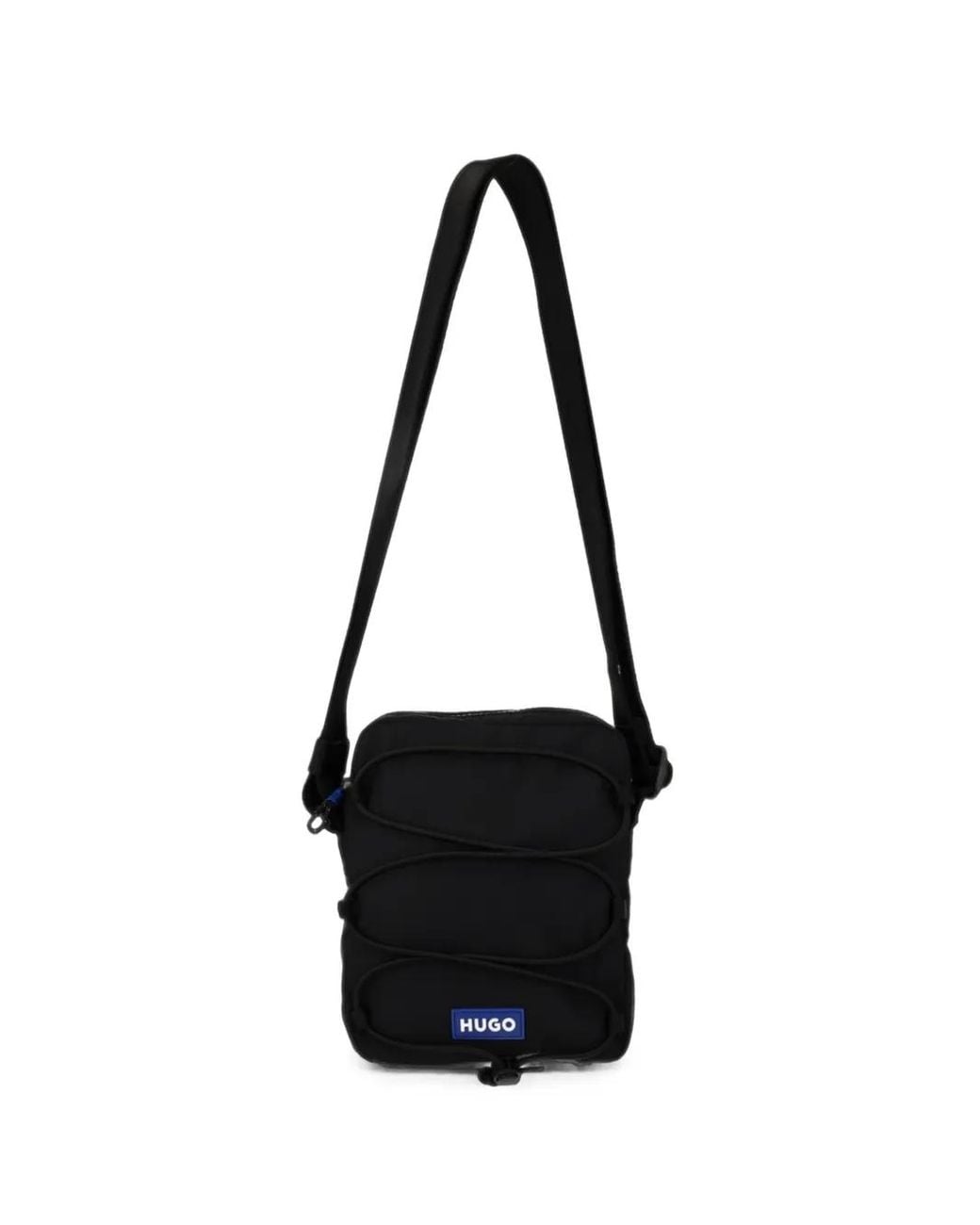 HUGO Black Bungee-Cord Logo-Patch Messenger Bag for men