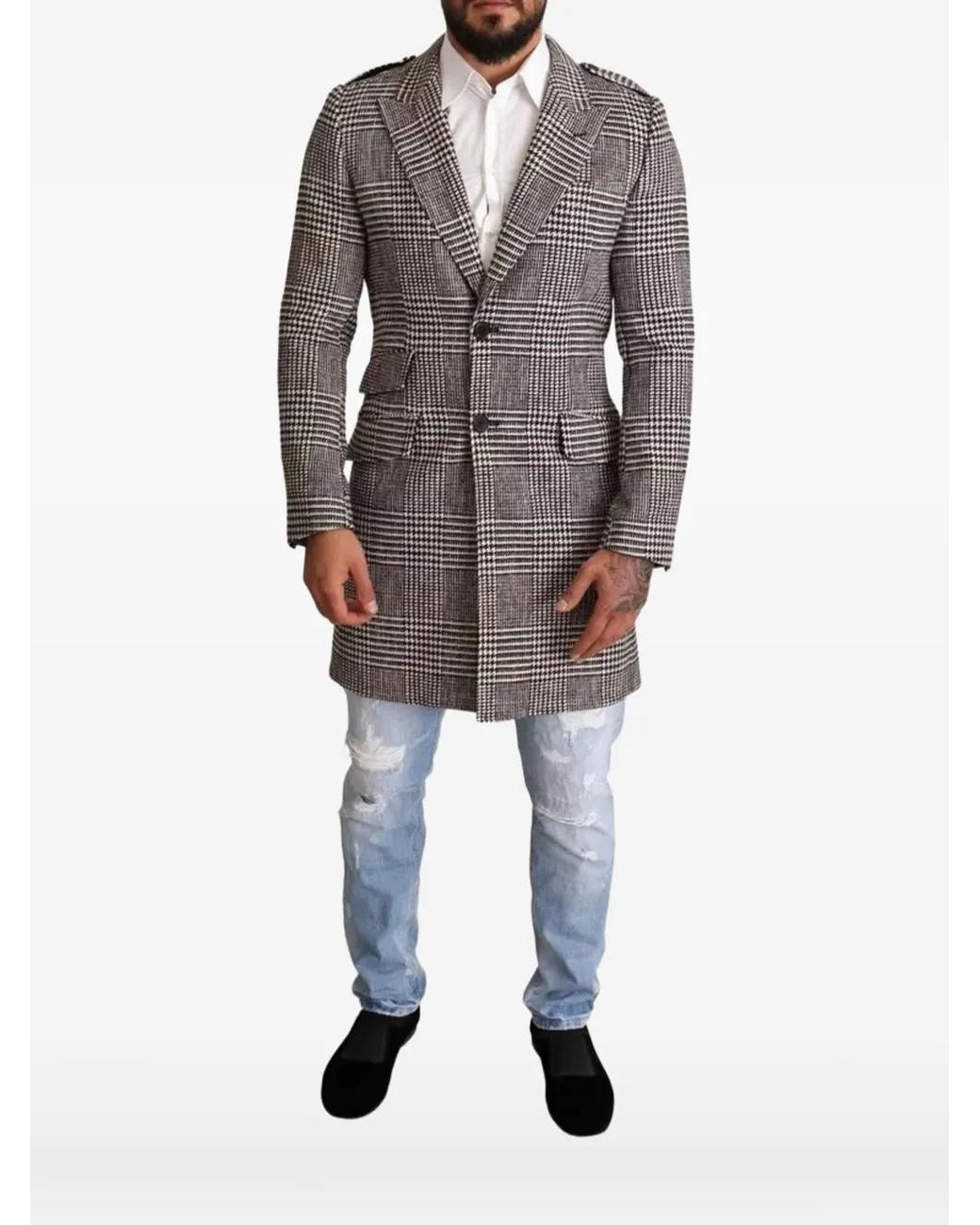 Dolce & Gabbana Gray Plaid-Pattern Single-Breasted Coat for men