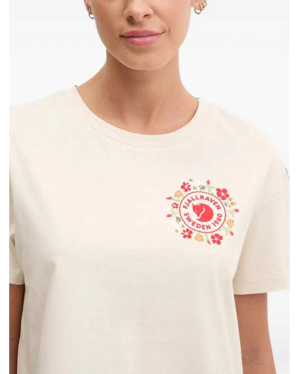 Fjallraven White T-Shirt En Coton À Logo Fjällblomster