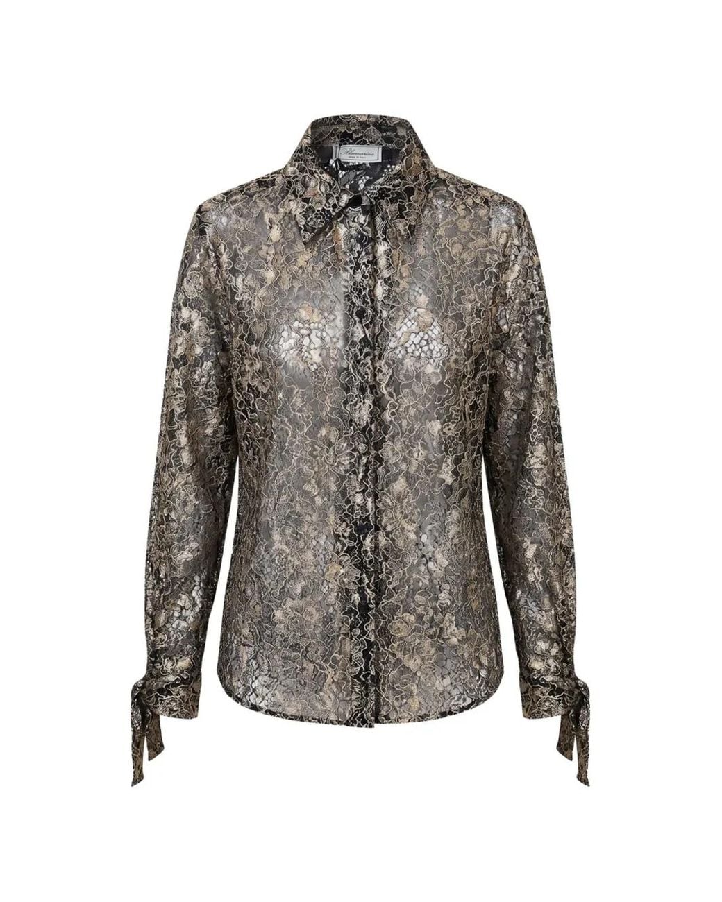 Blumarine Gray Tie-Cuff Floral-Lace Shirt