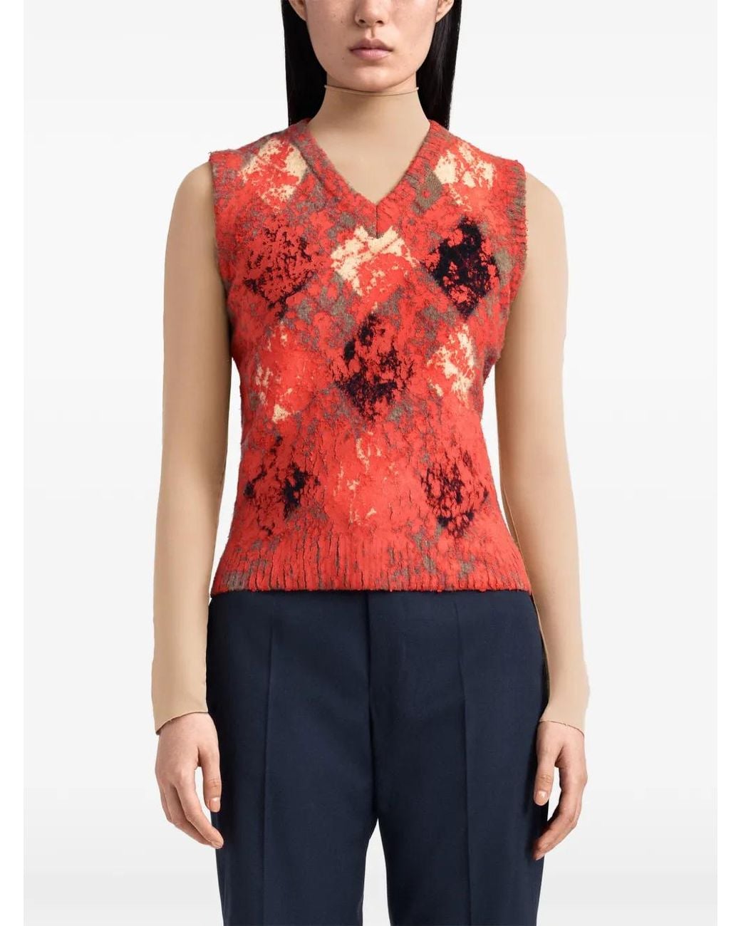 Maison Margiela Red Overpainted Argyle Knitwear Waistcoat
