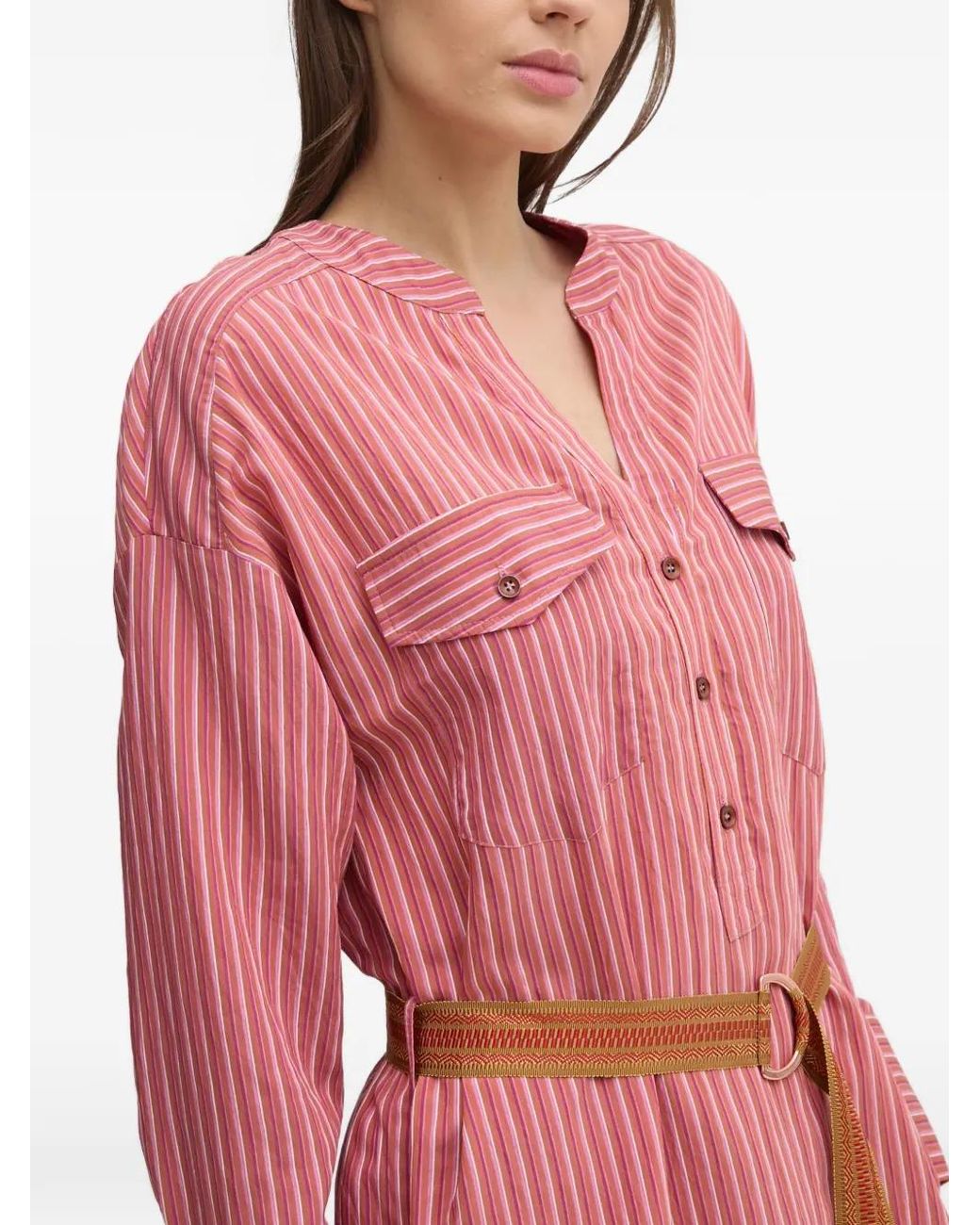 La Petite Francaise Pink Reda Striped Chest-Pocket Midi Shirt Dress
