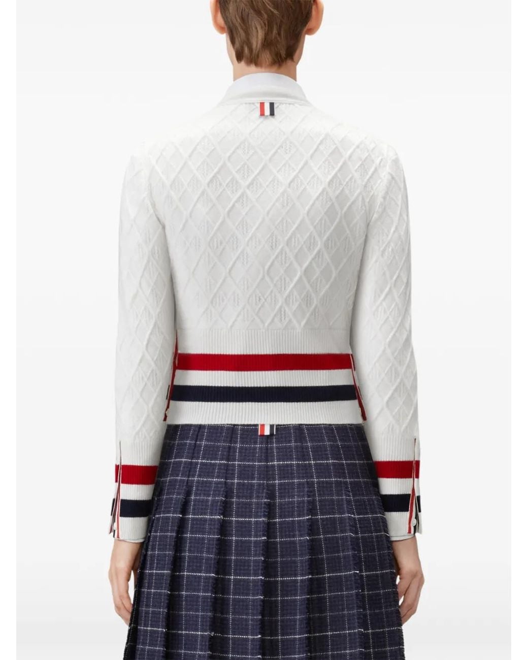 Thom Browne White Cashmere Intarsia Argyle Pointelle Shrunken Cardigan