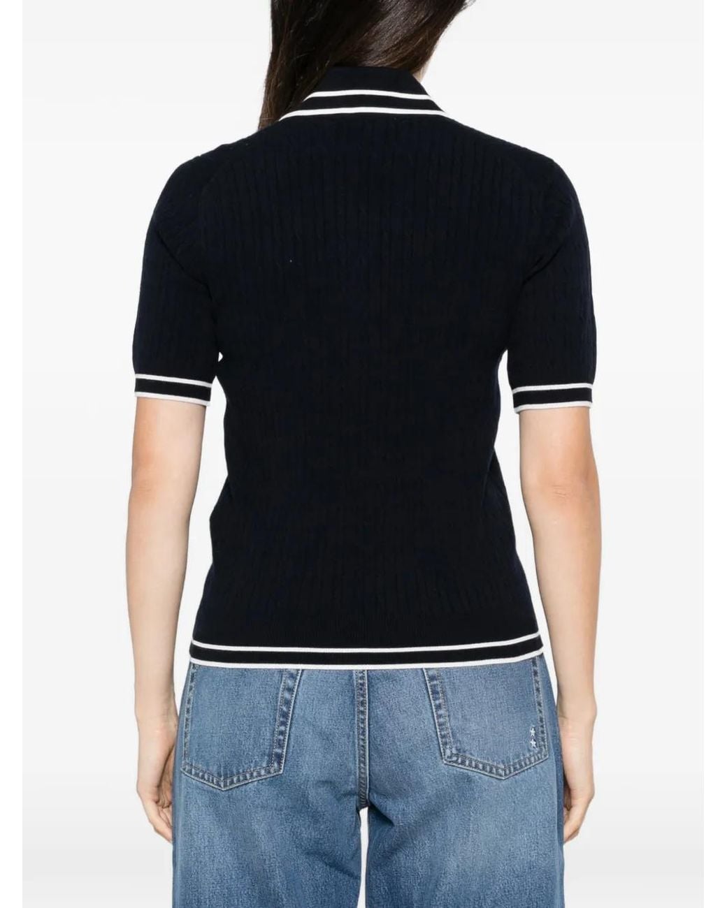 Sporty & Rich Black Cable-Knit Short-Sleeve Polo Top
