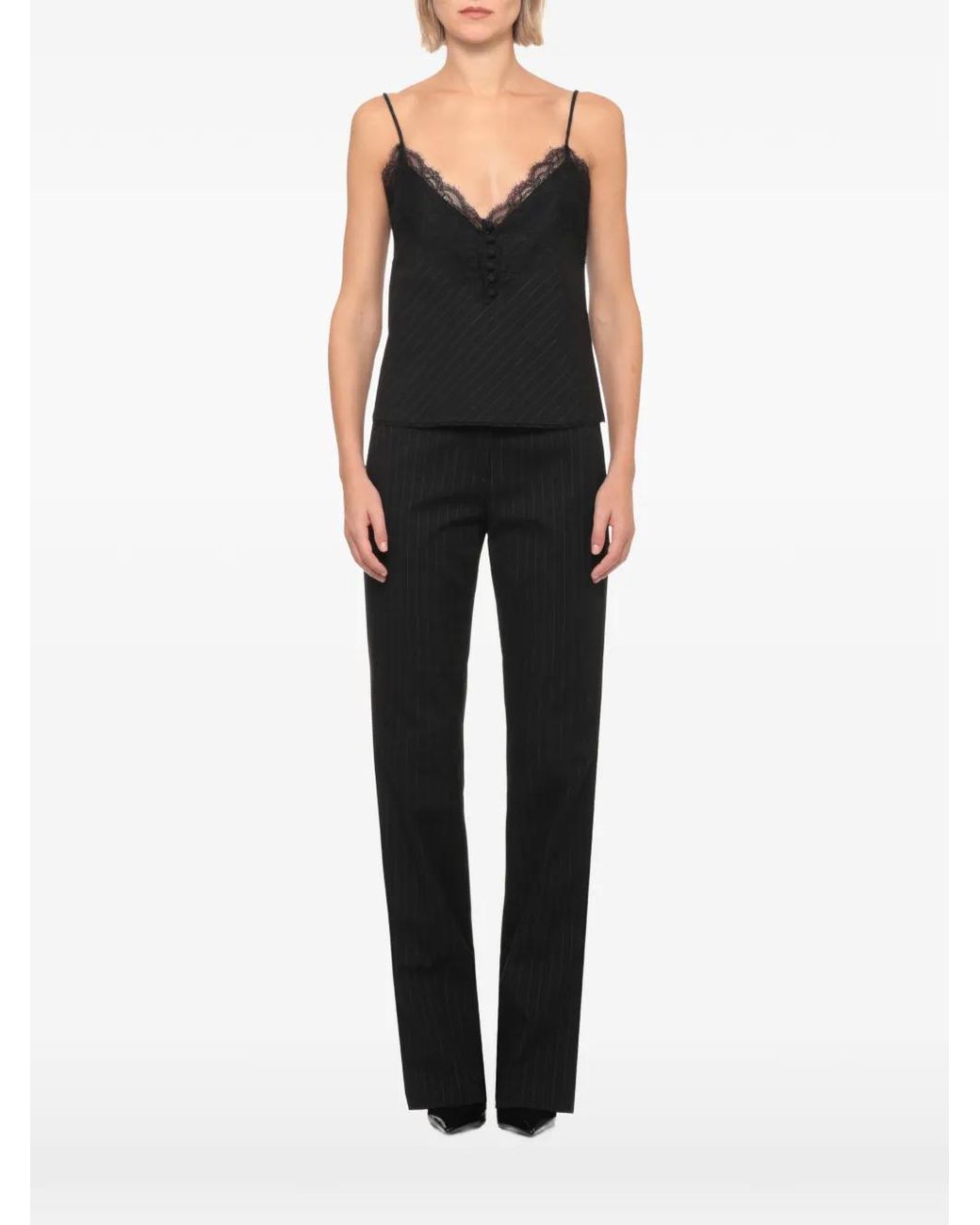 ANDAMANE Black Pinstripe Lace-Trim Top