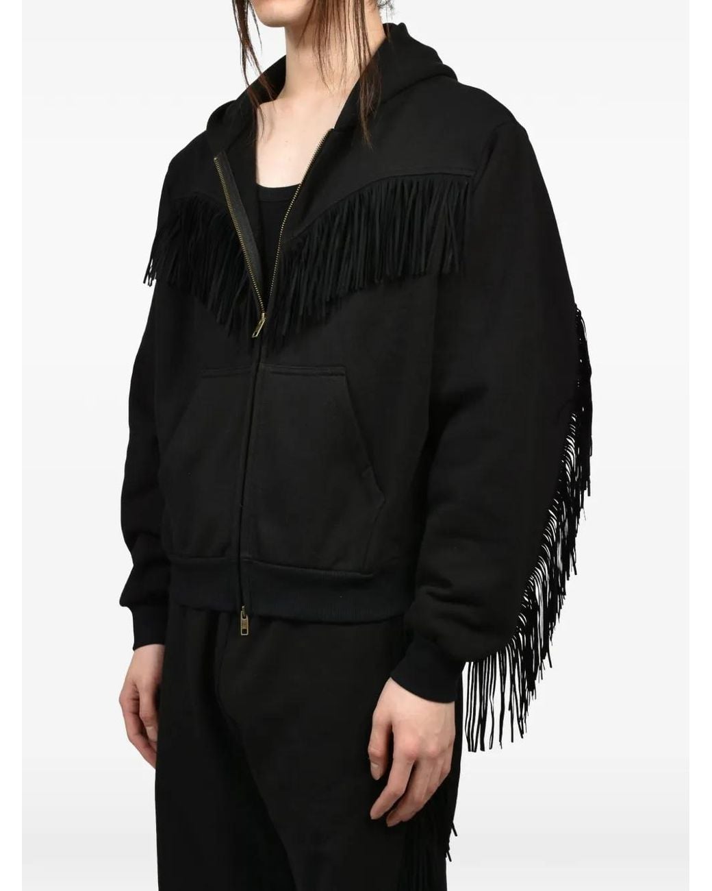 Austin Post Black Fringed Zip-Up Hoodie for men