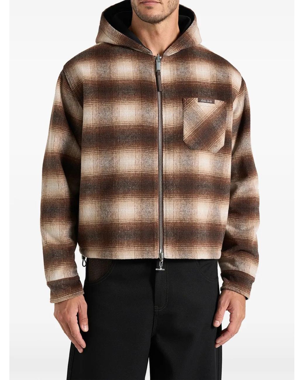 Manière De Voir Black Veste Hamish Réversible En Toile Et Laine Mélangée Brossée À Carreaux Marron Et