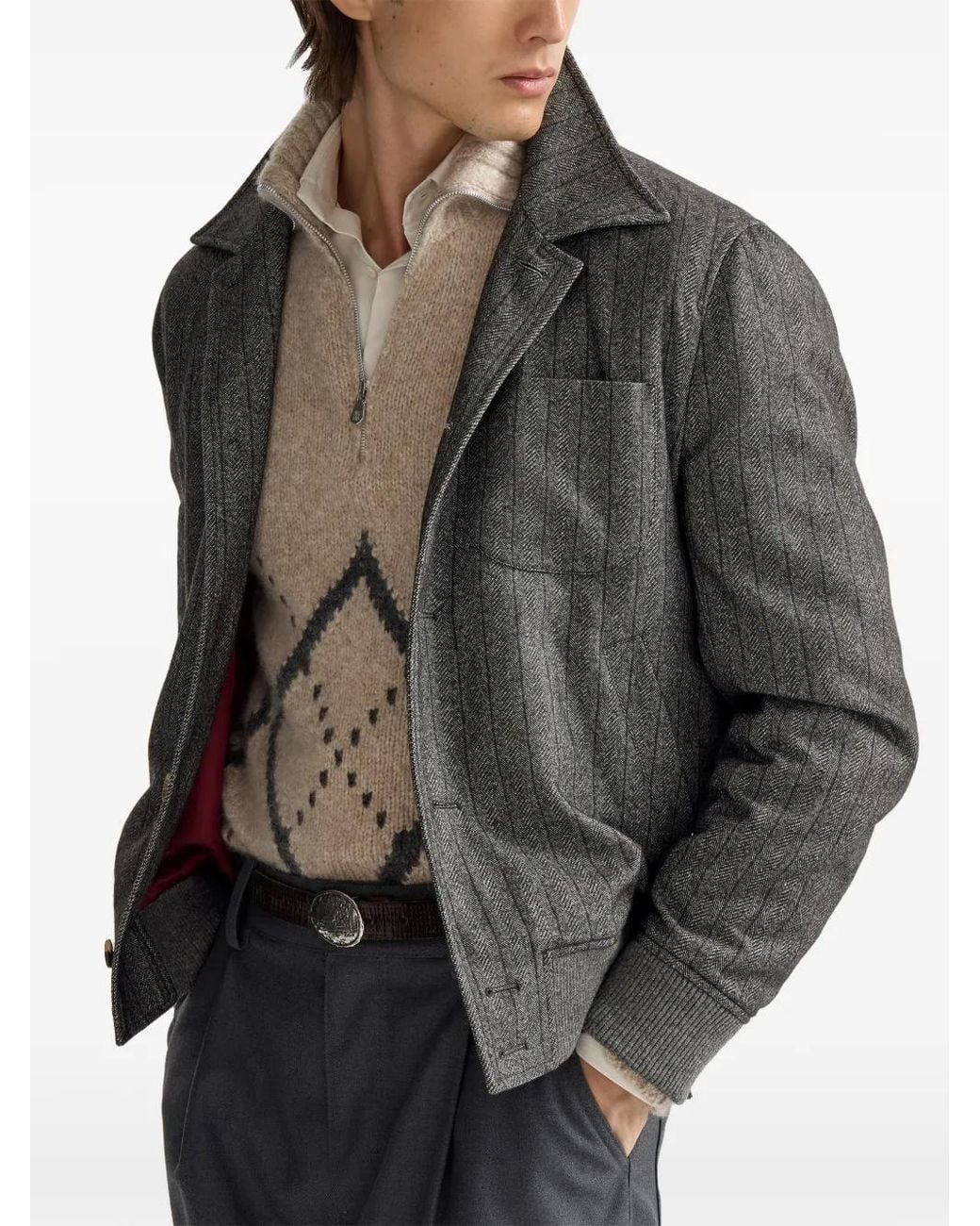 Brunello Cucinelli Gray Cashmere And Silk Chalk Stripe Chevron Outerwear Jacket for men