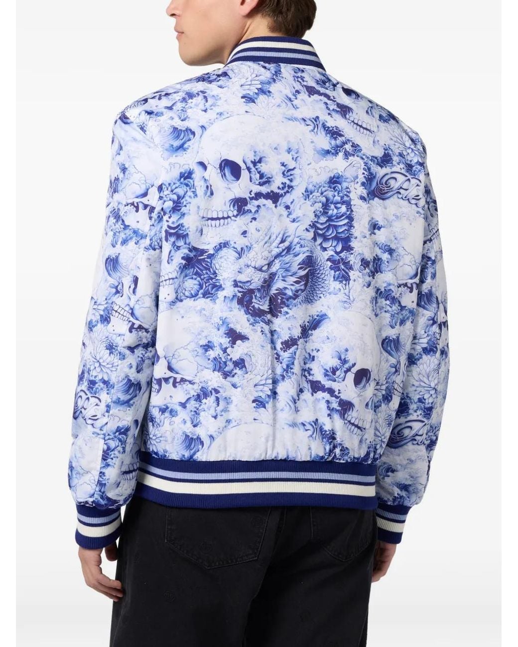 Philipp Plein Blue Floral Skull Bomber Jacket for men