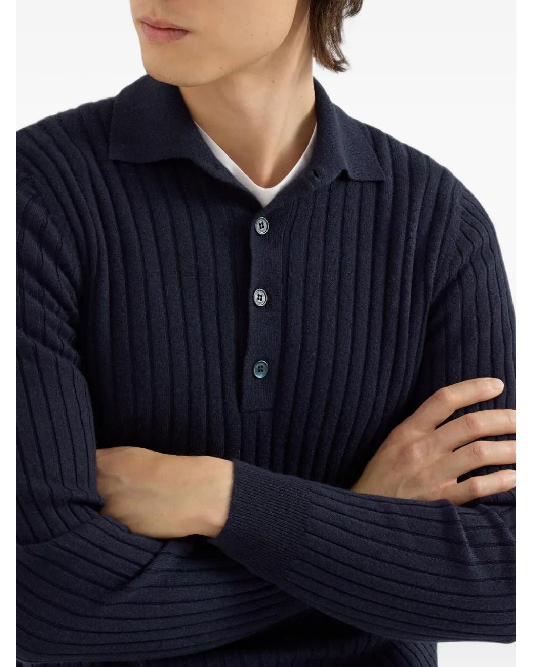 Brunello Cucinelli Blue Cashmere Rib-Knit Polo for men