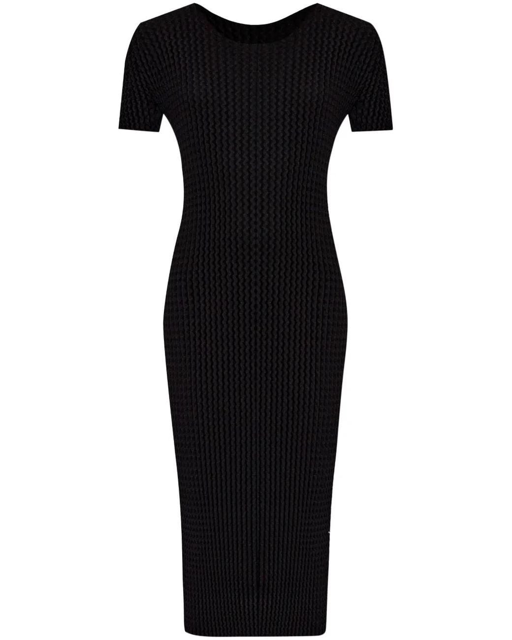 Issey Miyake Black Seersucker Short-Sleeve Midi Dress
