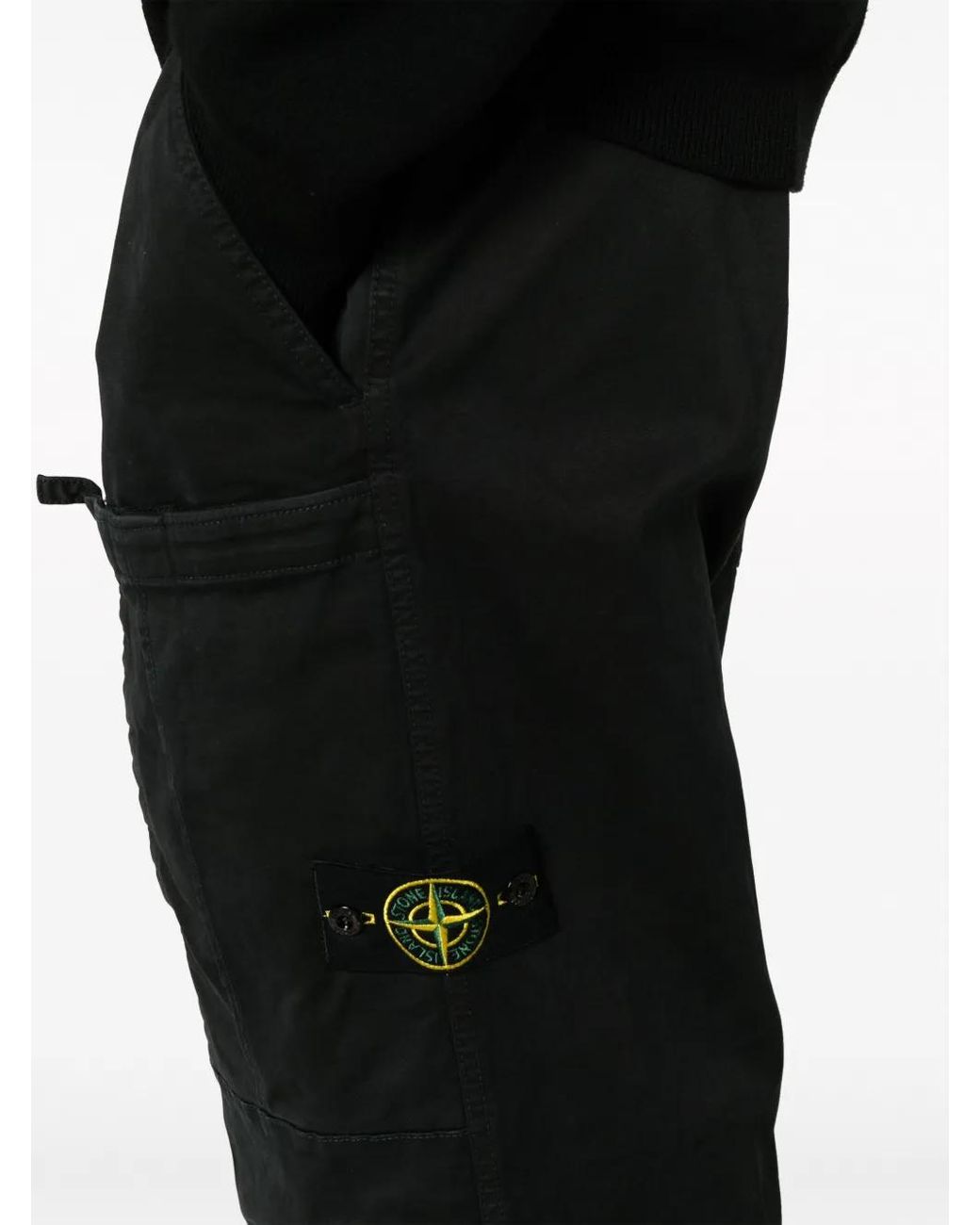Stone Island Black Elasticated Band Loose Cargo Trousers In Broken Twill Cotton for men