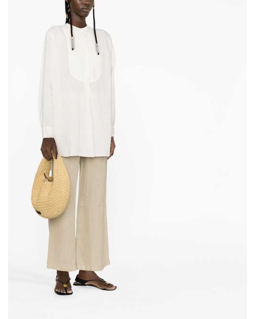Aspesi White Collarless Linen Bib Shirt