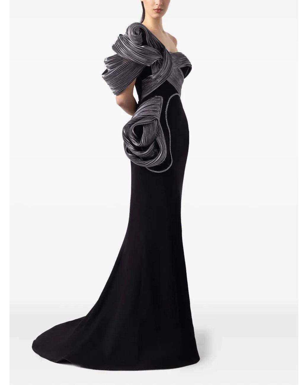 Gaby Charbachy Black One-Shoulder Mermaid Gown