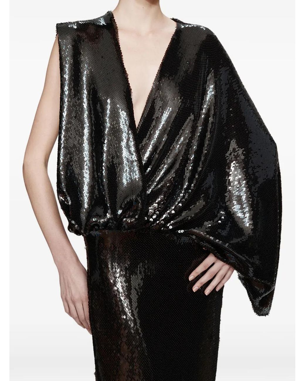 Christopher Esber Black Opaline Sequin Swaddled V-Neck Gown