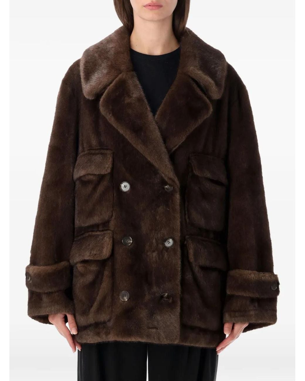 S.W.O.R.D Black Double-Breasted Faux-Fur Coat