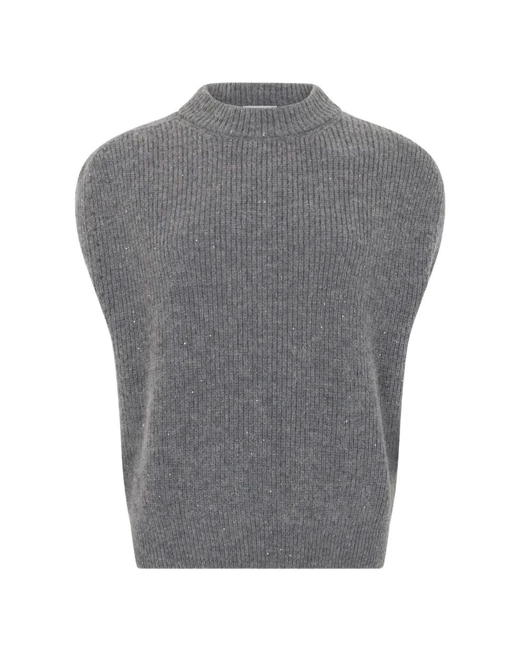 Peserico Gray Sequin-Embellished Ribbed Sleeveless Top