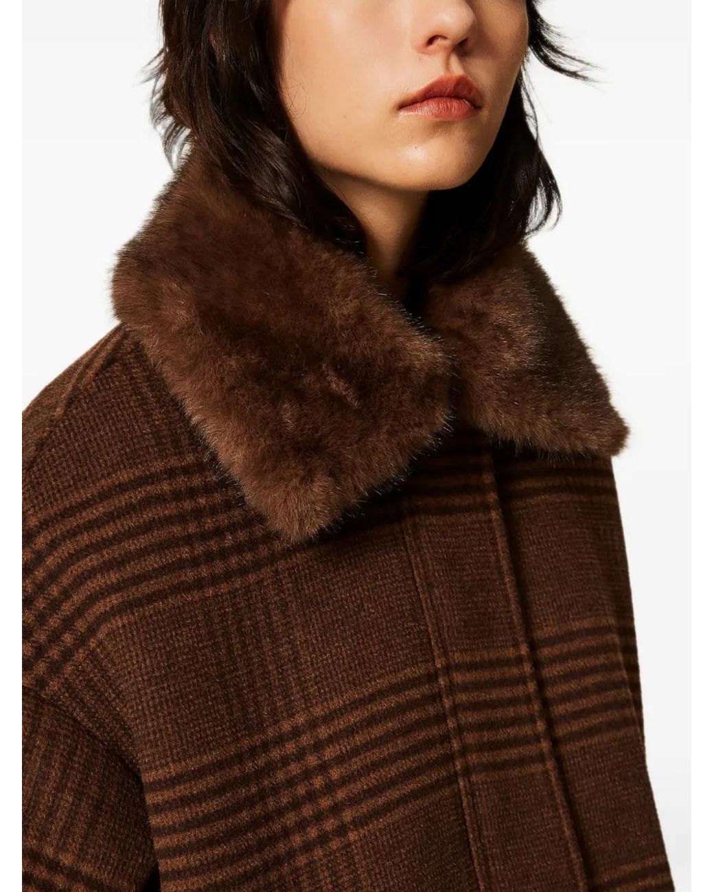 Twinset Brown Wool Cloth Check Caban Coat With Faux Fur