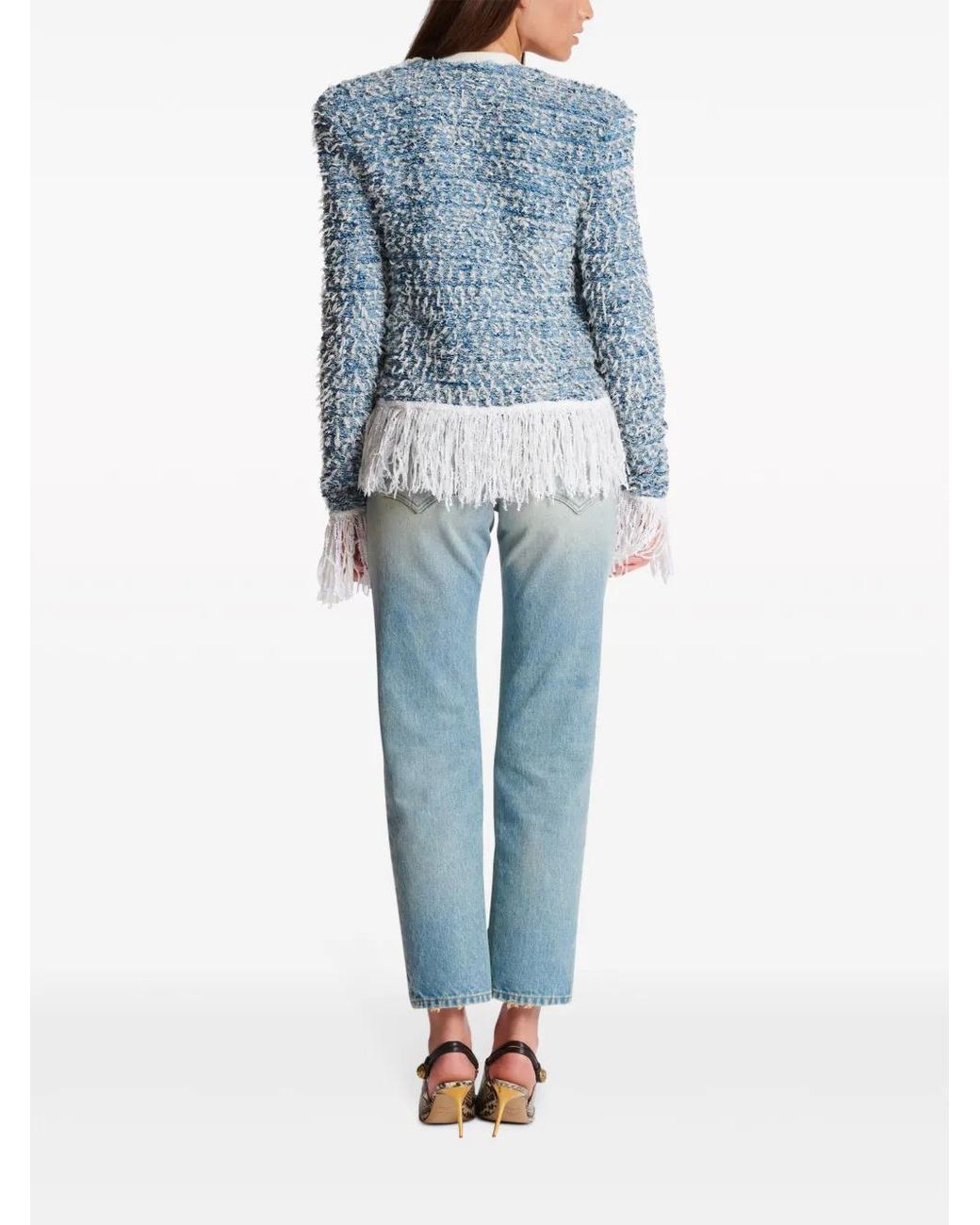 Balmain Fringed Denim Tweed Jas in het Blue