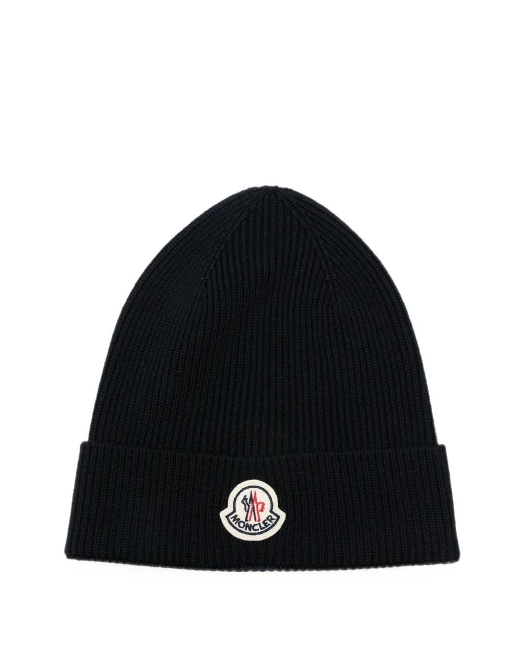 Moncler Black Logo-Patch Ribbed-Knit Beanie Hat for men