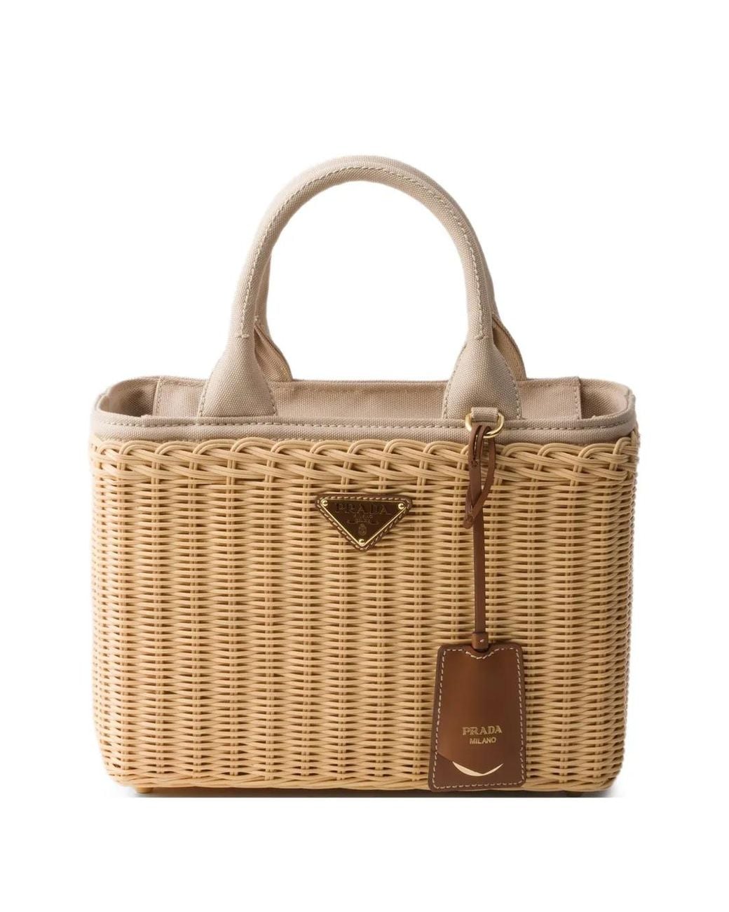 Prada Natural Medium Wicker And Canvas Tote Bag