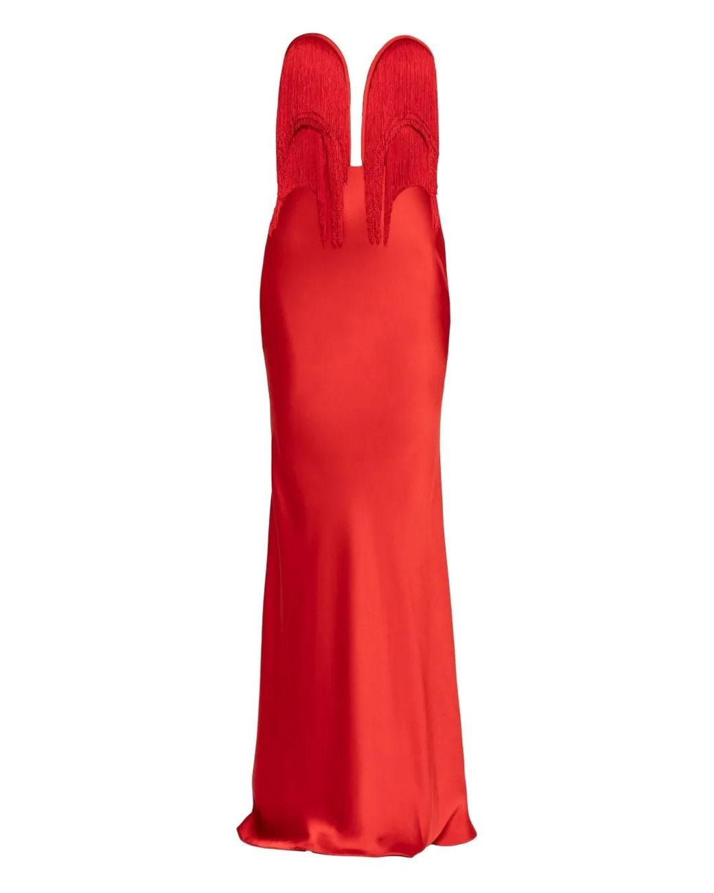 Nissa Red Fringe Satin Maxi Dress