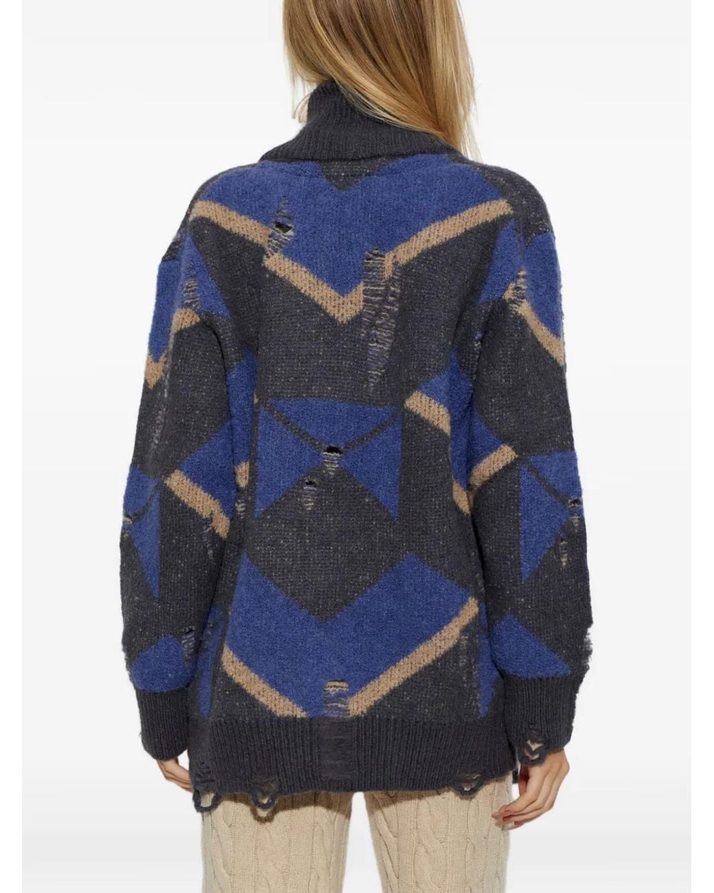 Akep Blue Geometric-Pattern Distressed Cardigan
