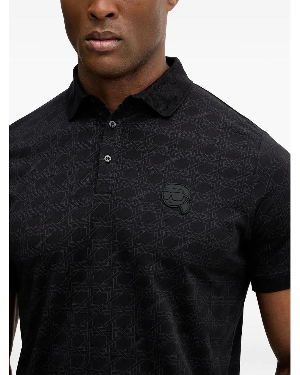 Karl Lagerfeld Black Printed Appliqué-Detail Polo Shirt for men