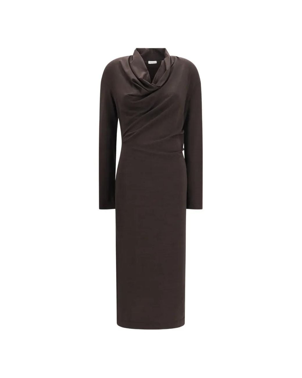 Brunello Cucinelli Black Techno Wool Jersey Dress With Draping And Monili