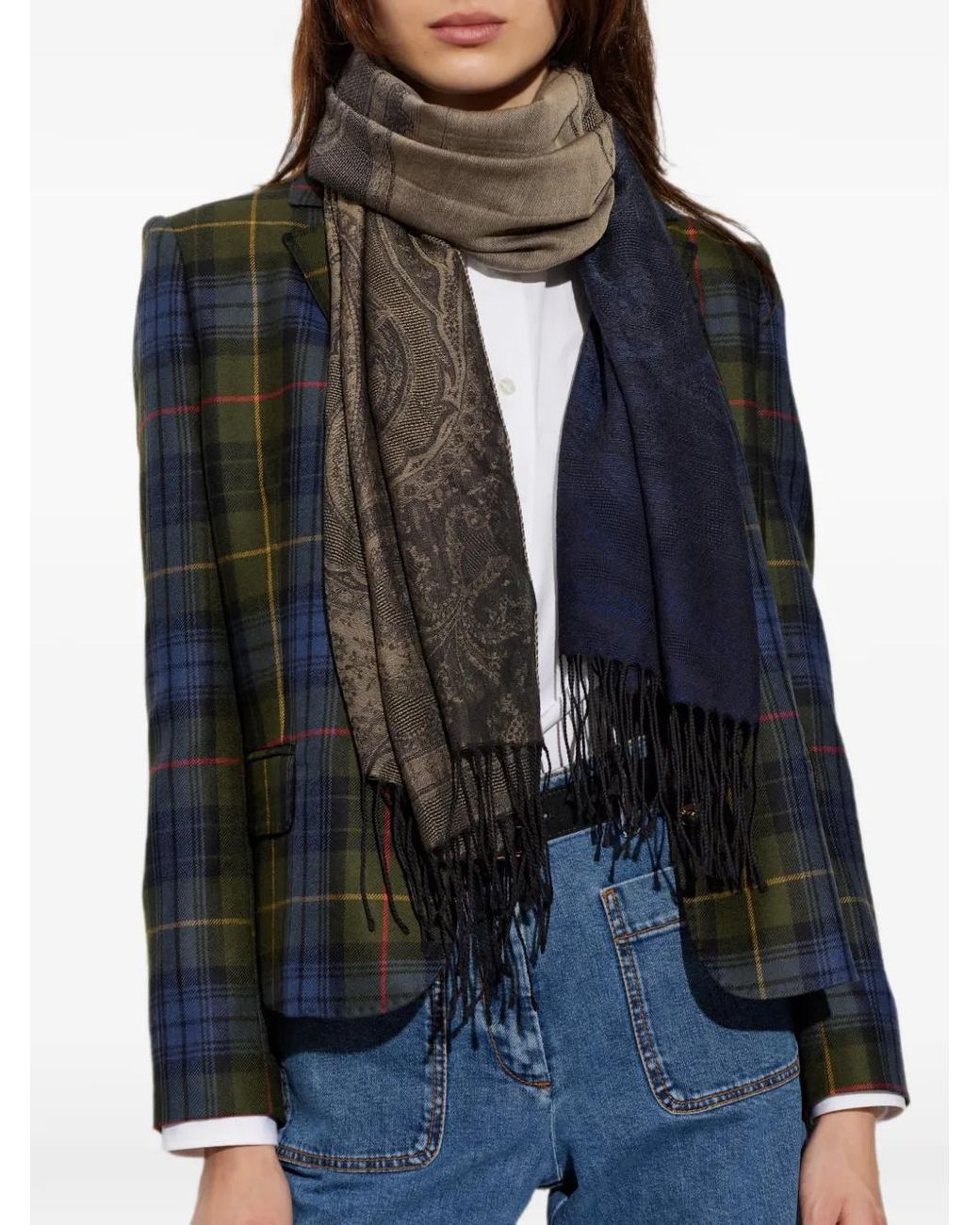 Etro Blue Écharpe Frangée À Motif Cachemire
