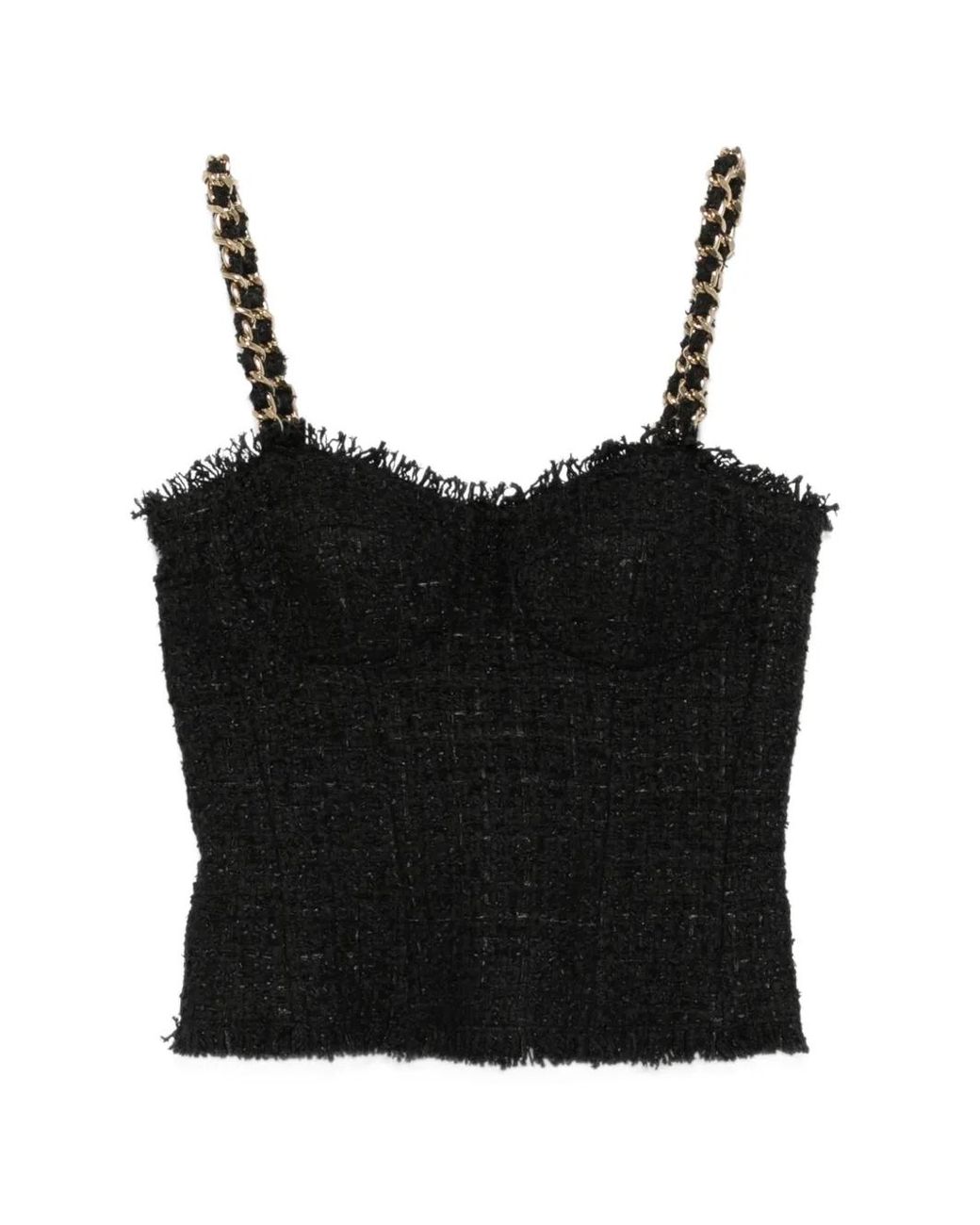 Balmain Black Sleeveless Tweed Chain-Link Strap Top