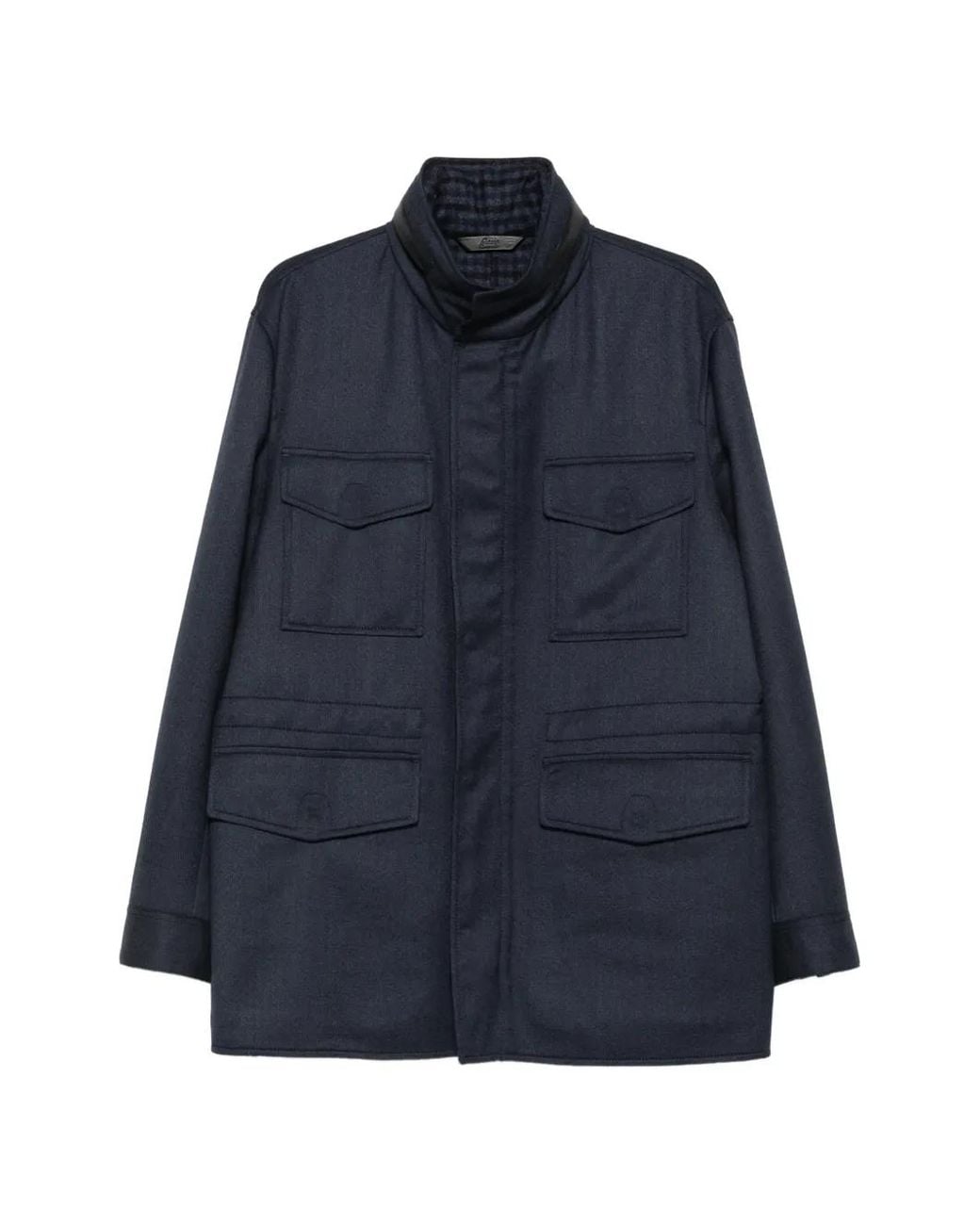 Brioni Blue Manteau Bordé De Cuir À Poches Poitrine for men