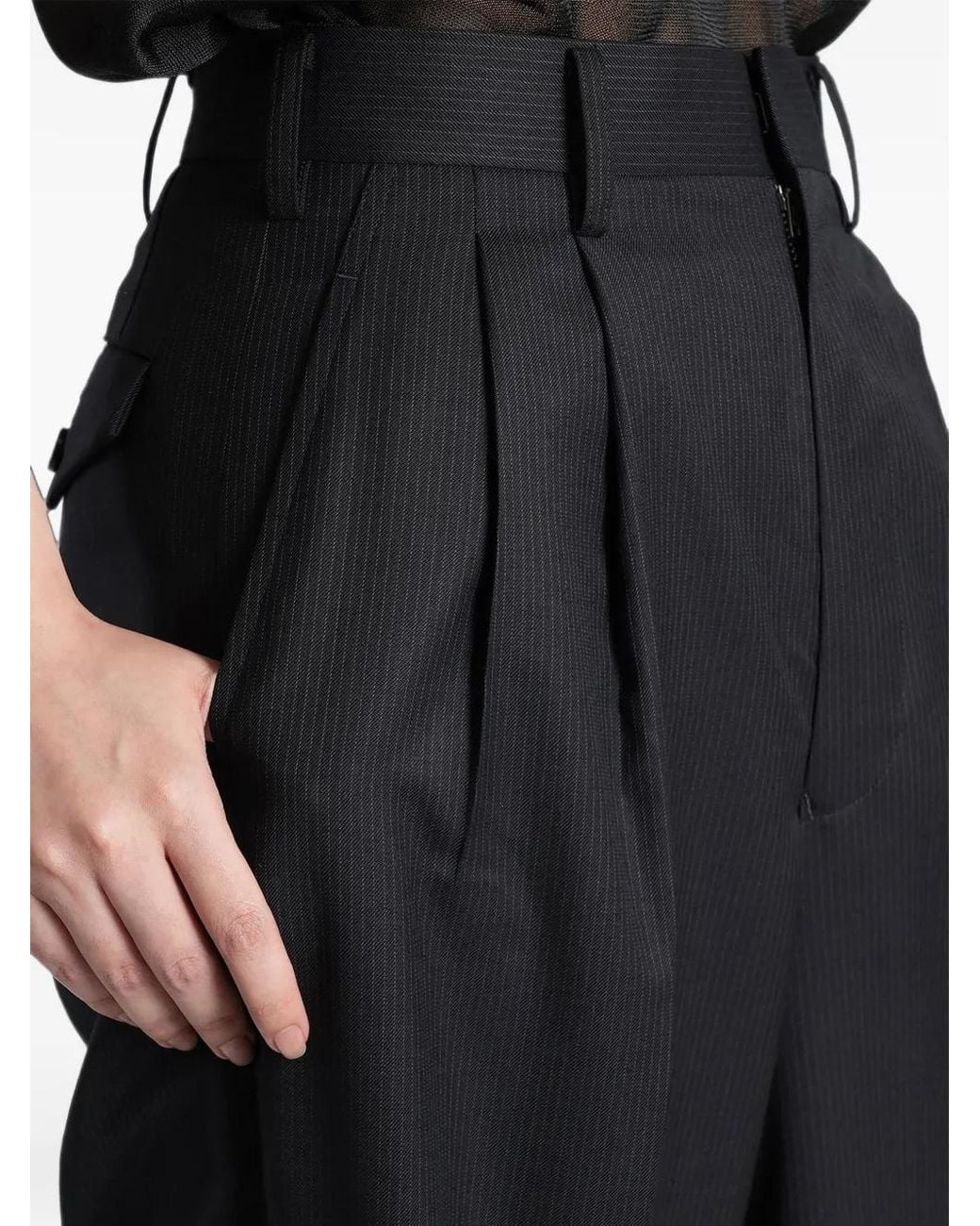 Junya Watanabe Black Pinstripe-Pattern Turn-Up Trousers