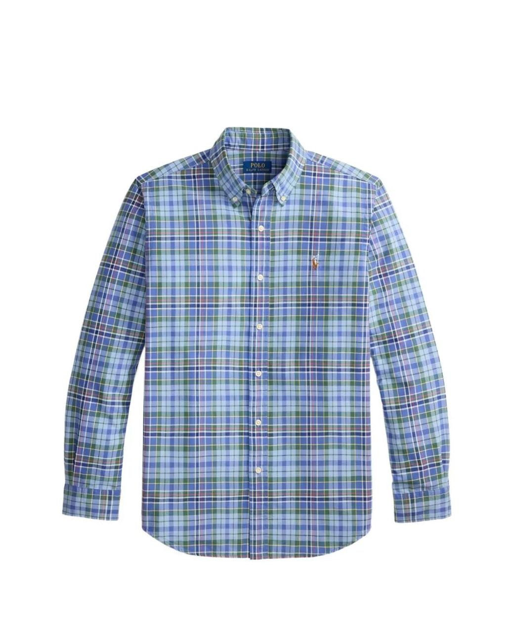 Polo Ralph Lauren Blue Custom-Fit Plaid Oxford Shirt for men