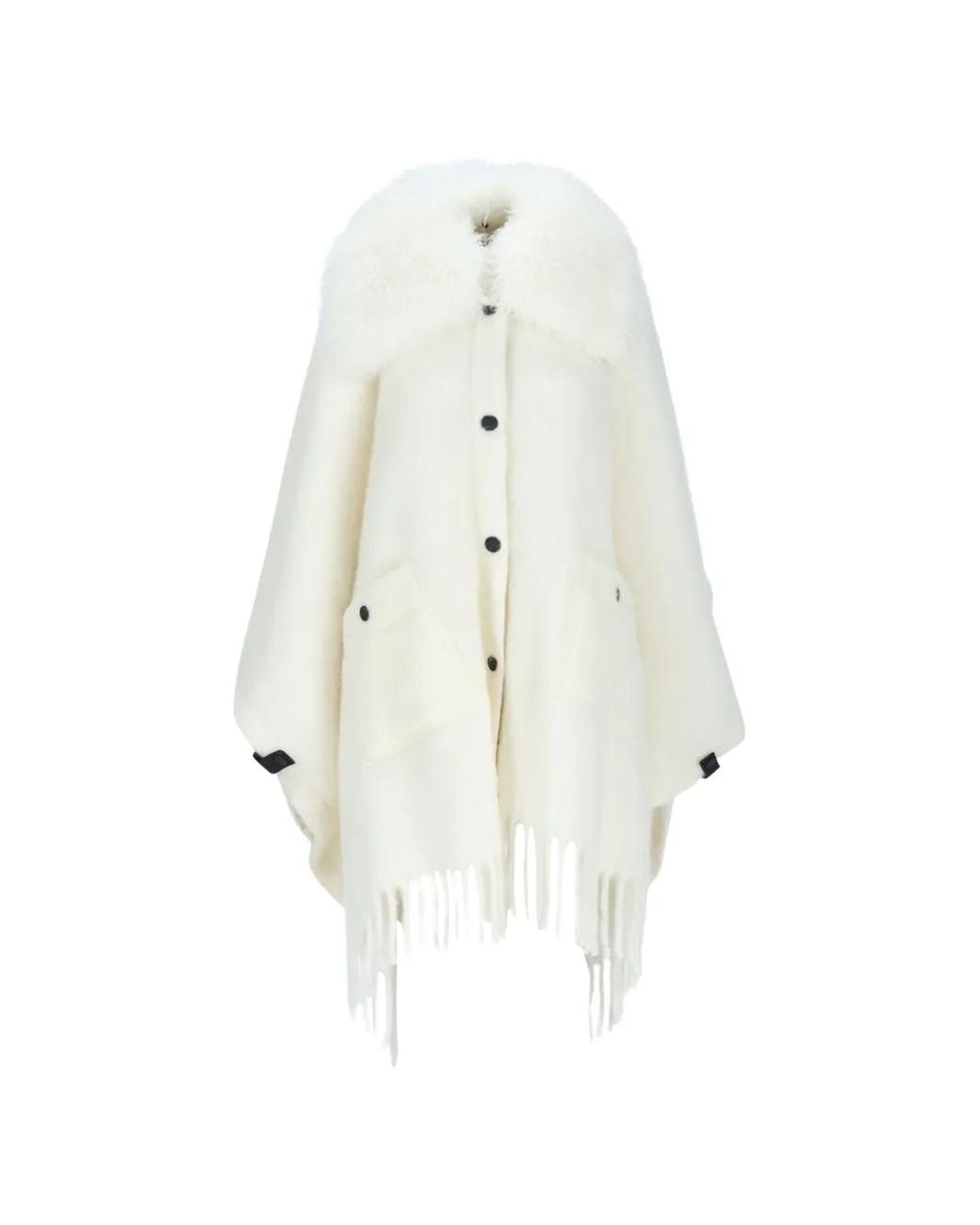 Moncler White Shearling-Collar Fringed Cape