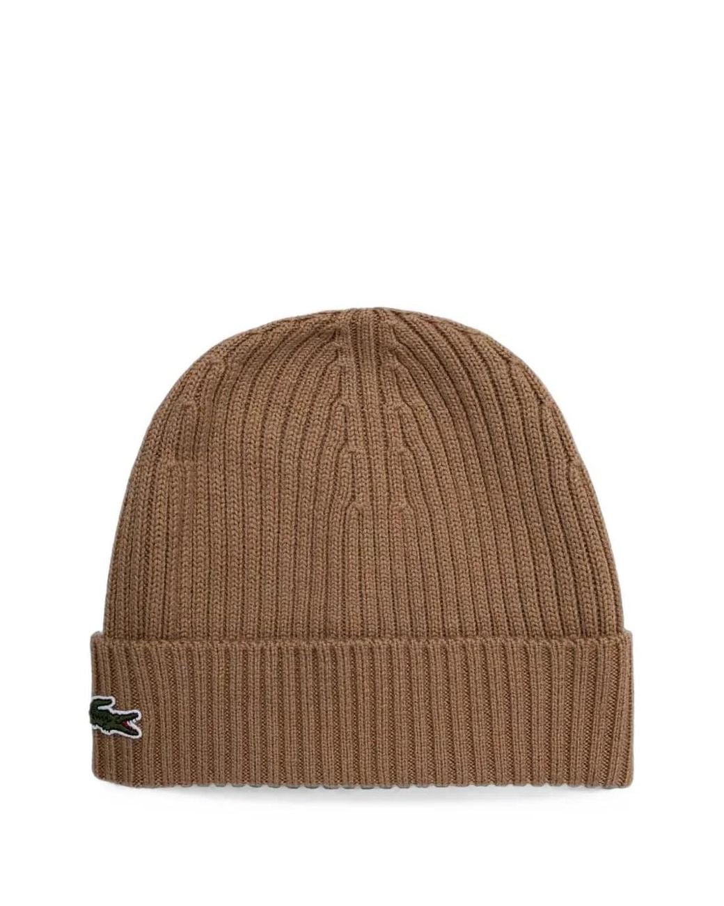 Lacoste Brown Ribbed-Knit Beanie Hat