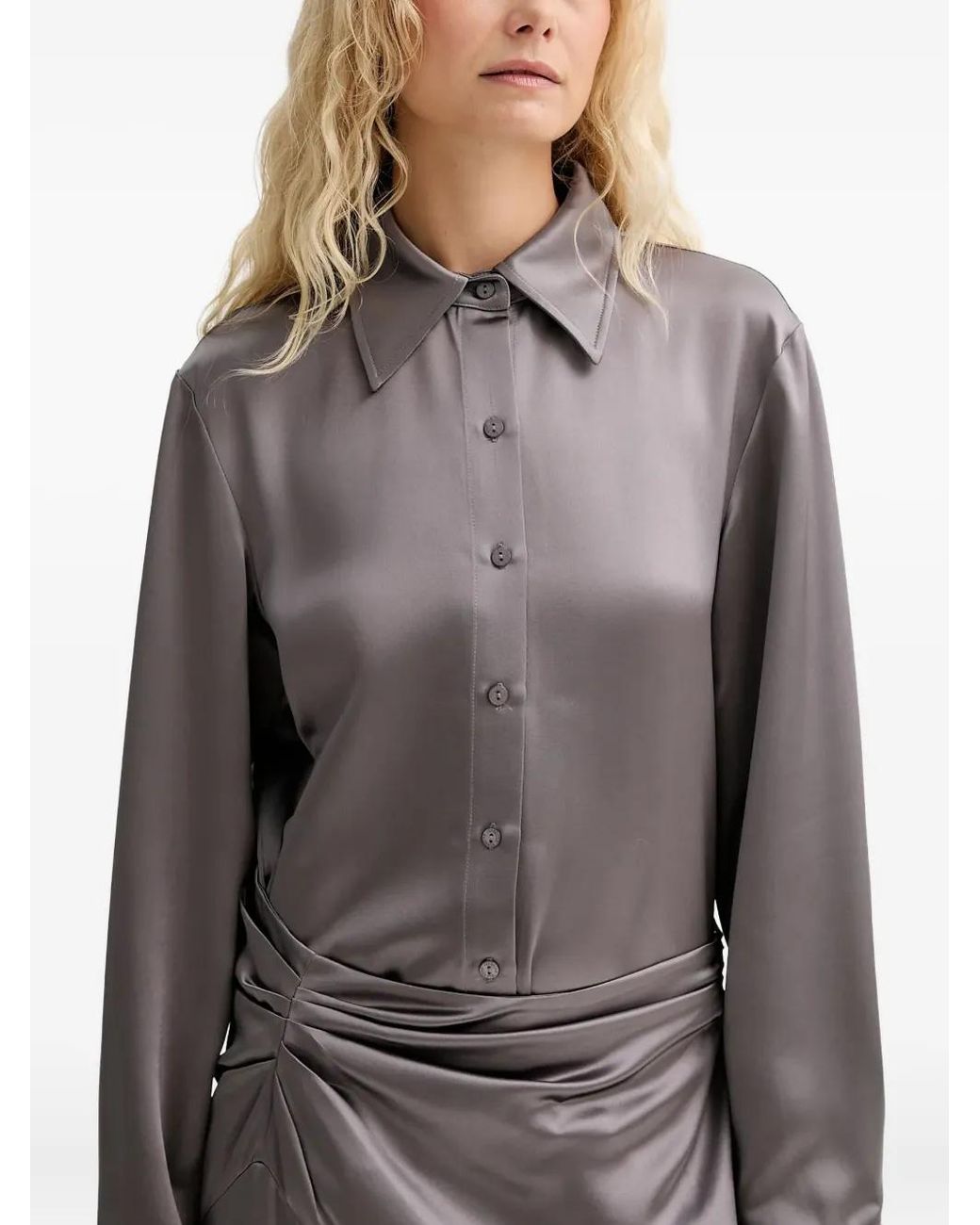 Isabelle Blanche Gray Ruched Shirt Maxi Dress