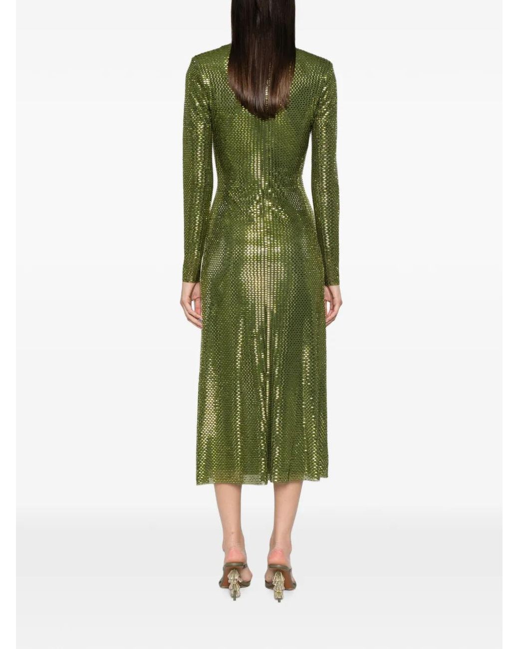 Self-Portrait Green Rhinestone Mesh Wrap Midi Dress