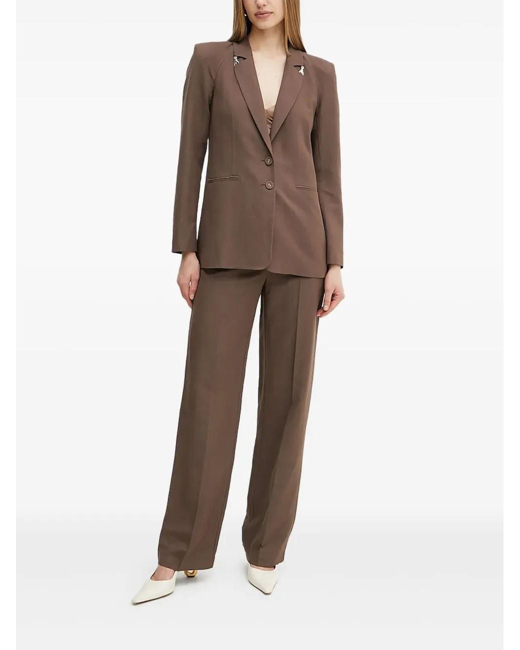 Patrizia Pepe Brown Padded-Shoulder Embellished Blazer