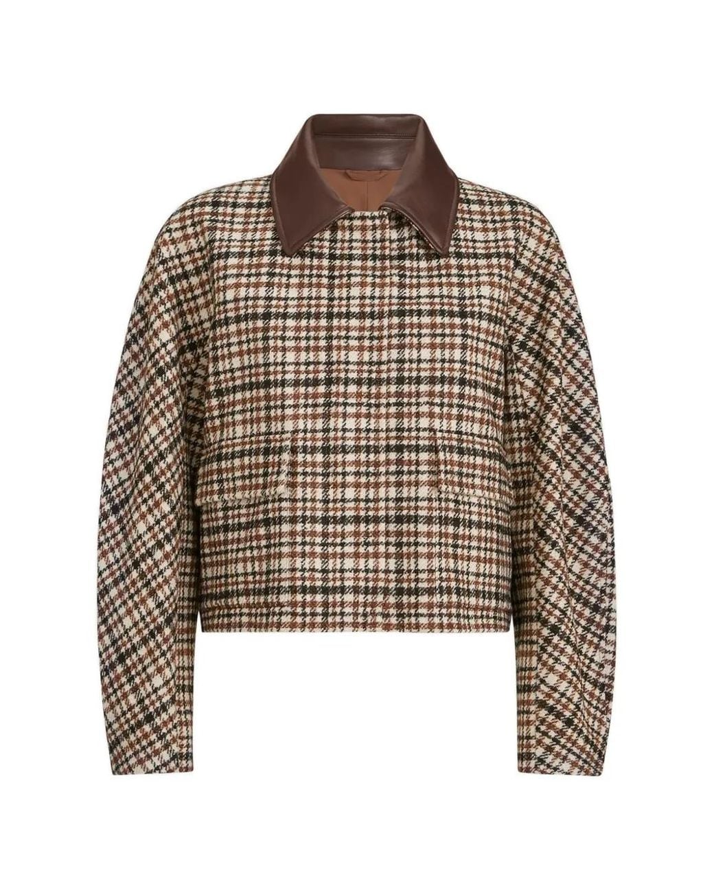 Brunello Cucinelli Brown Comfort Checked Wool And Alpaca Outerwear Jacket With Leather Collar And Monili