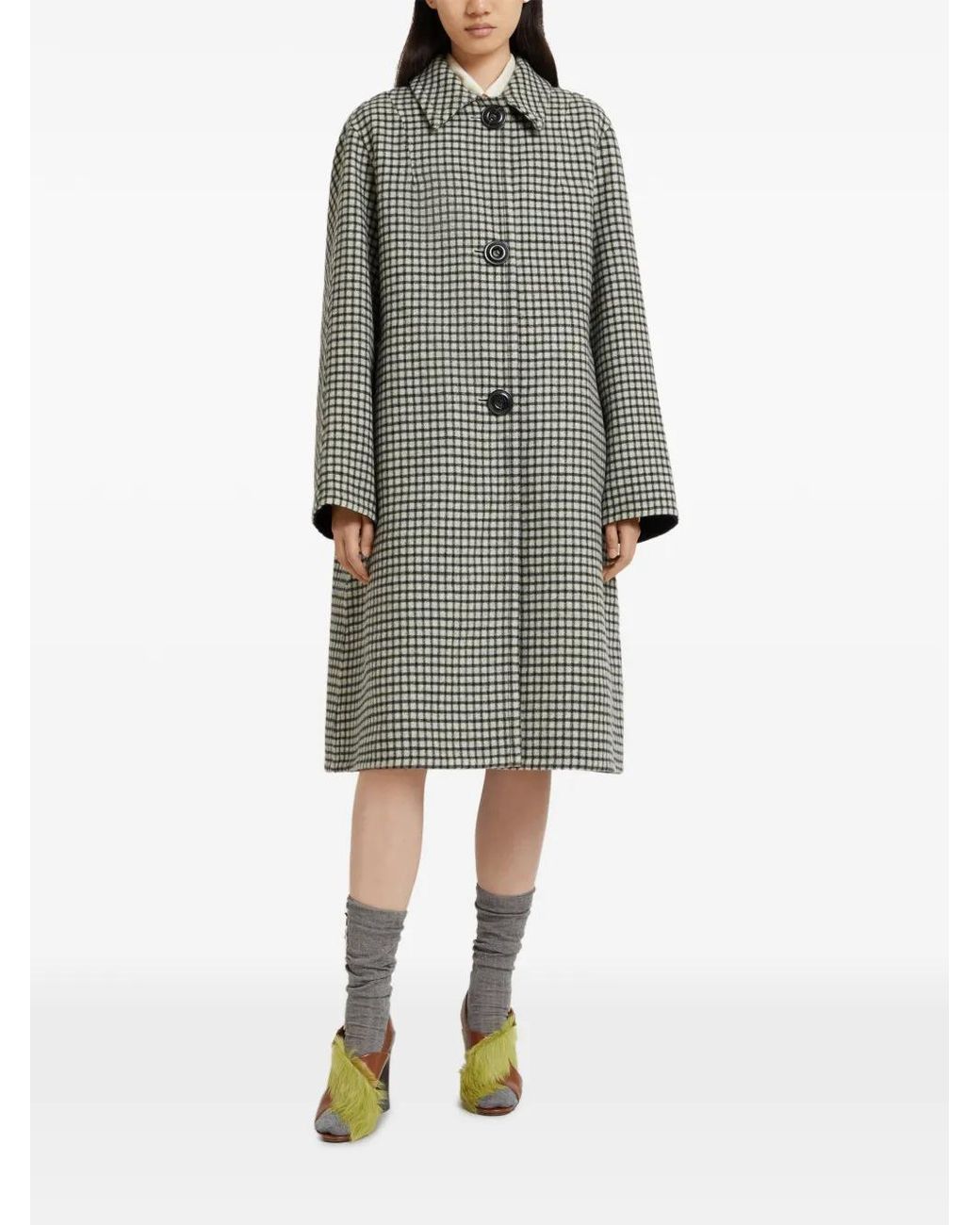 Marni Gray Felt Coat With Checked Pattern