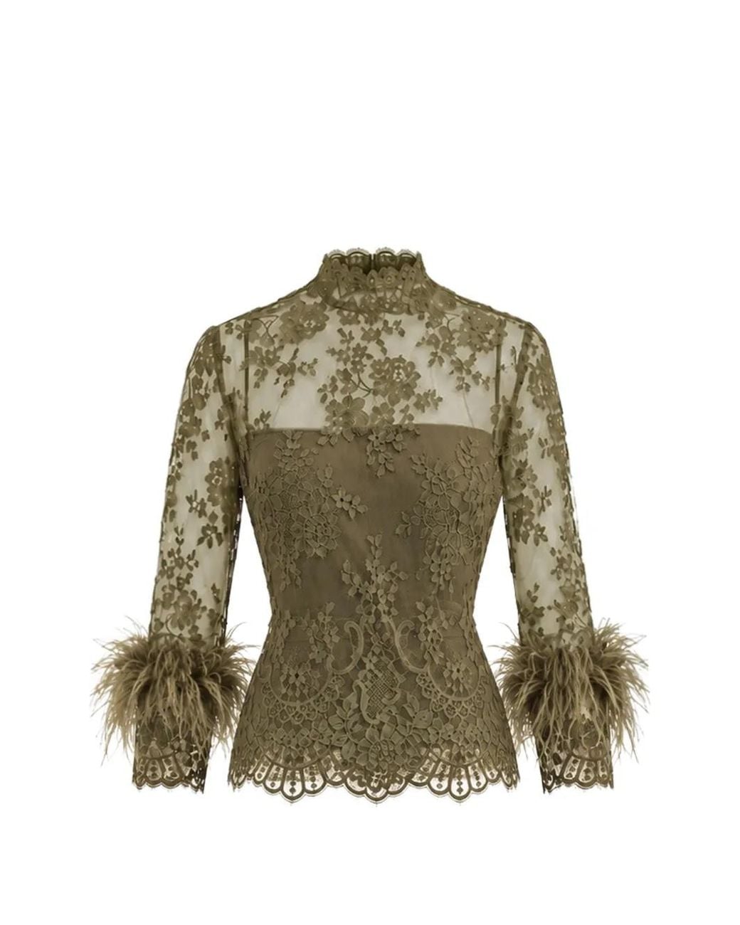 Gemy Maalouf Green Lace Feather-Trim Top