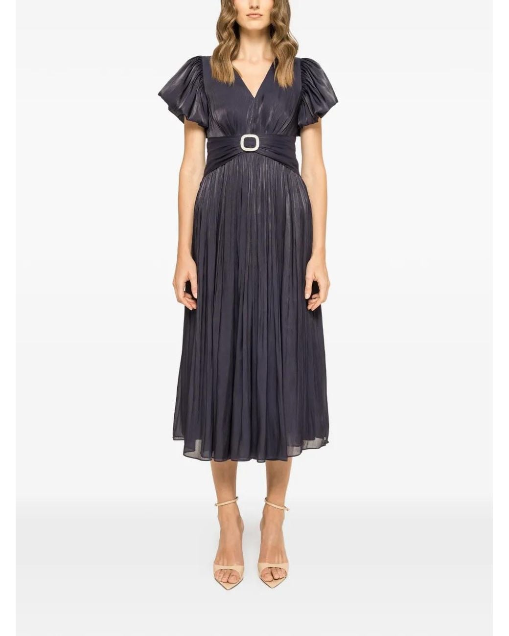 Nissa Blue Crystal Pleated Midi Dress