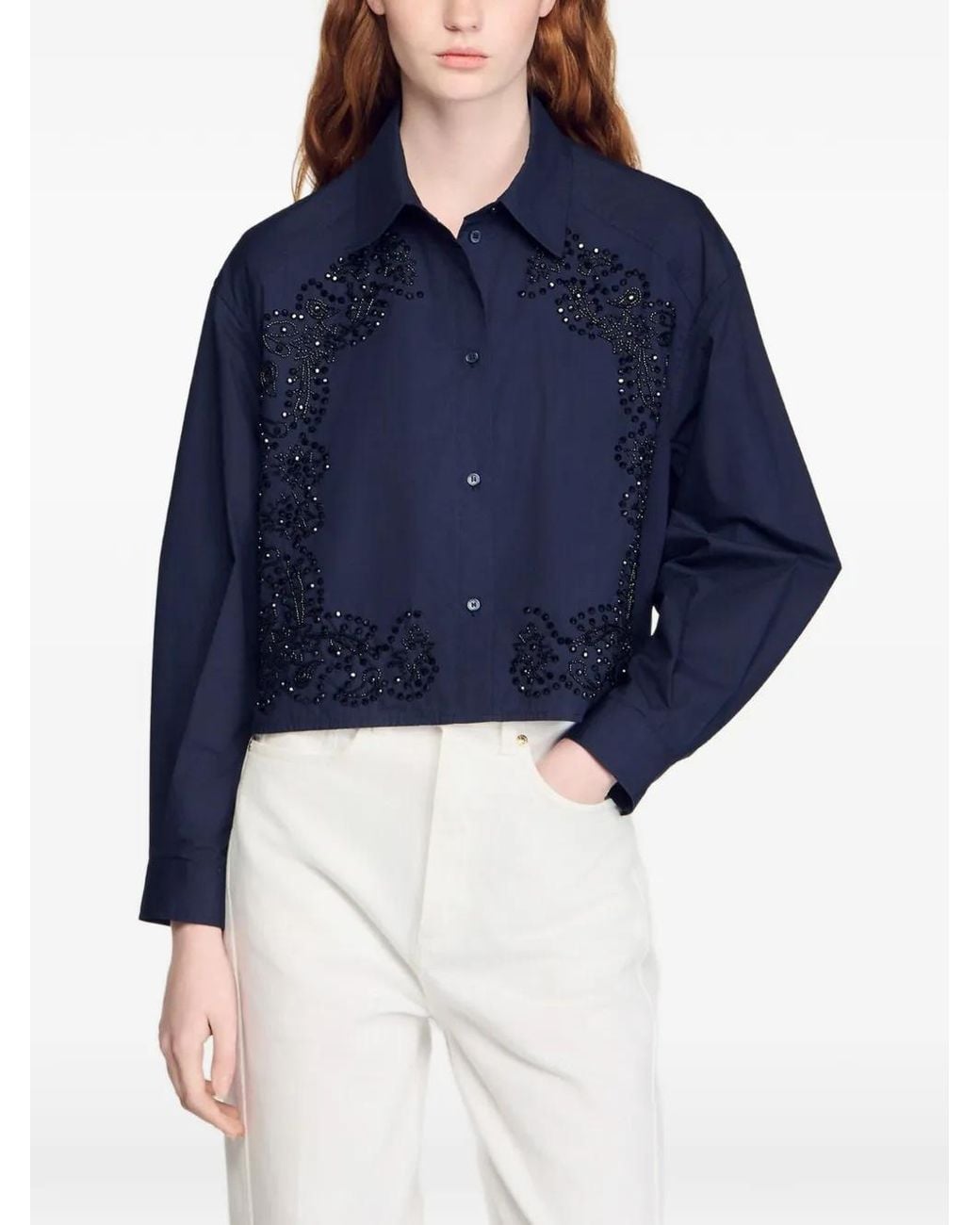 Sandro Blue Floral Embroidered Cotton Shirt