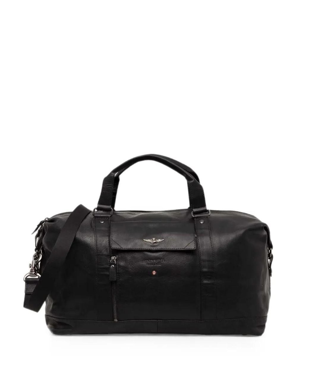 Aeronautica Militare Black Logo-Plaque Leather Holdall for men