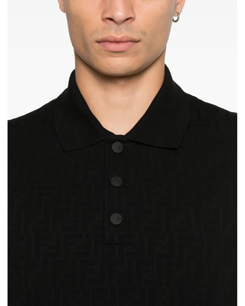 Fendi Black Textured Button Polo Shirt for men