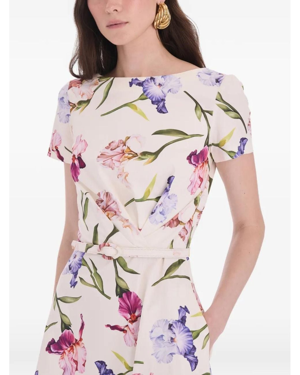 Oscar de la Renta White Floral-Print Belted Midi Dress