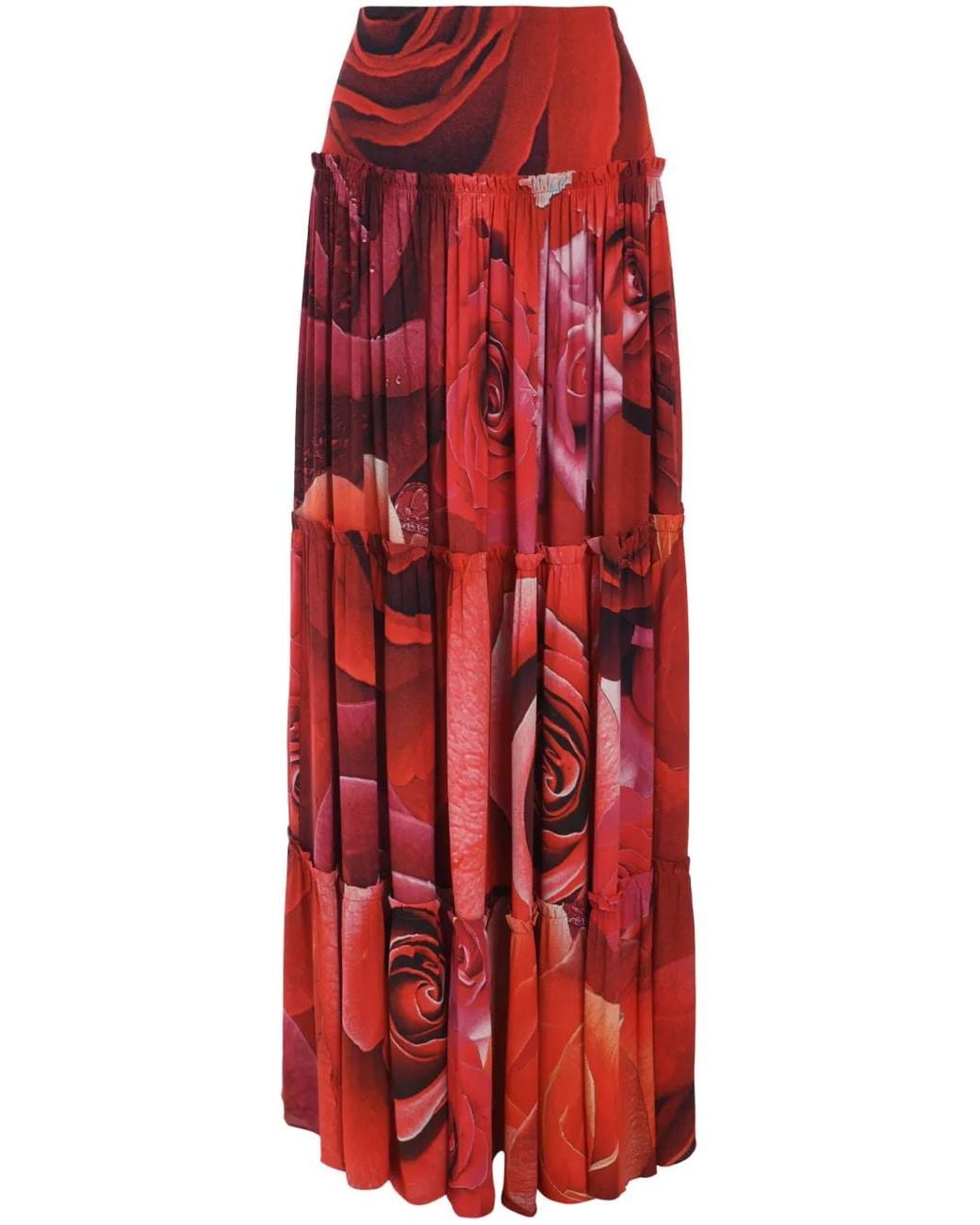 Roberto Cavalli Red Rose-Print Maxi Skirt