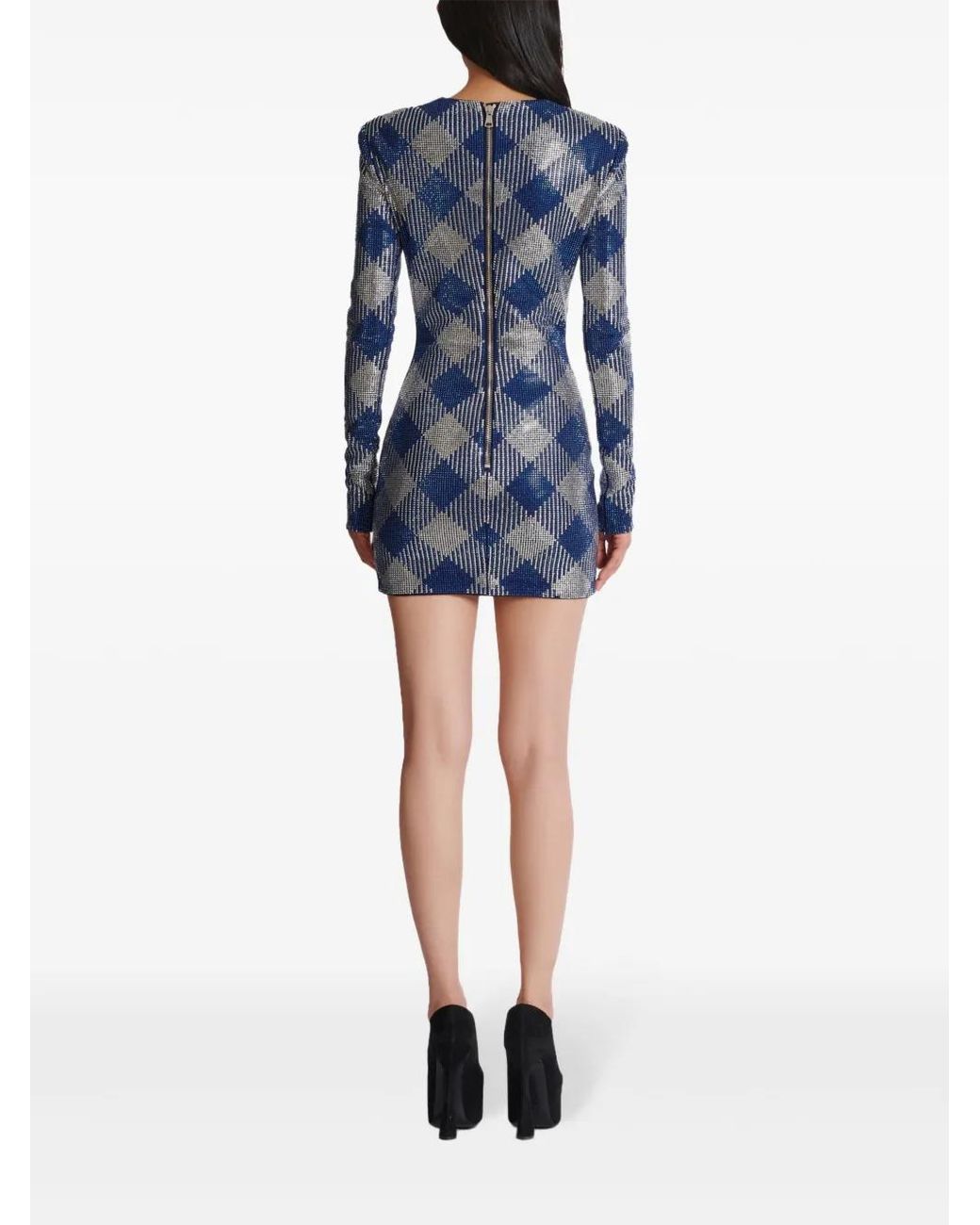 Balmain Blue Rhinestone-Embellished Gingham Mini Dress