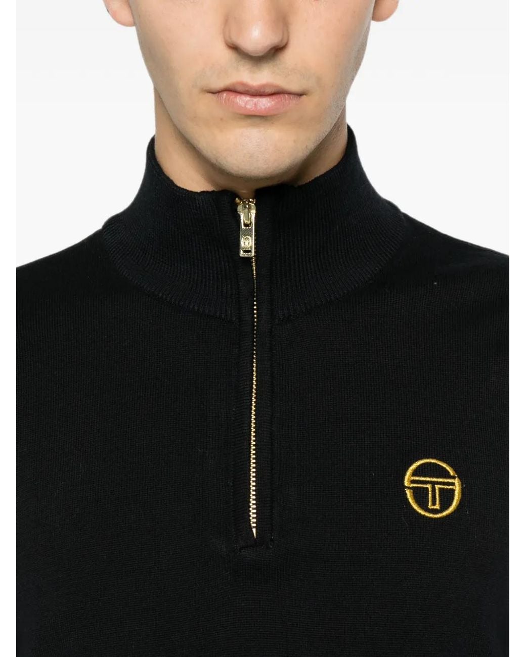 Sergio Tacchini Black Logo-Embroidered Zip-Neck Polo Shirt for men